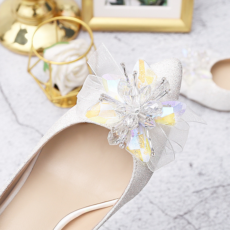 Starry bridal wedding shoes crystal flower Nordic elegant sheepskin fairy Royal Sister new annual meeting low-cut high heel women's shoes
