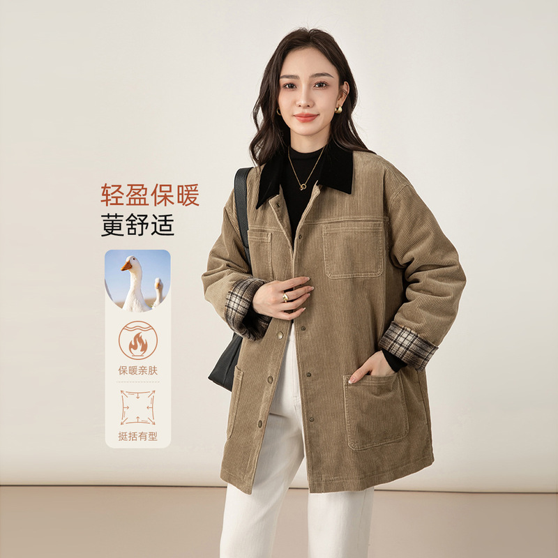 Yifei Retro Windbreaker 25 Winter New Corduroy Plaid Stitching Workwear Barn Style Jacket Women's down Jacket