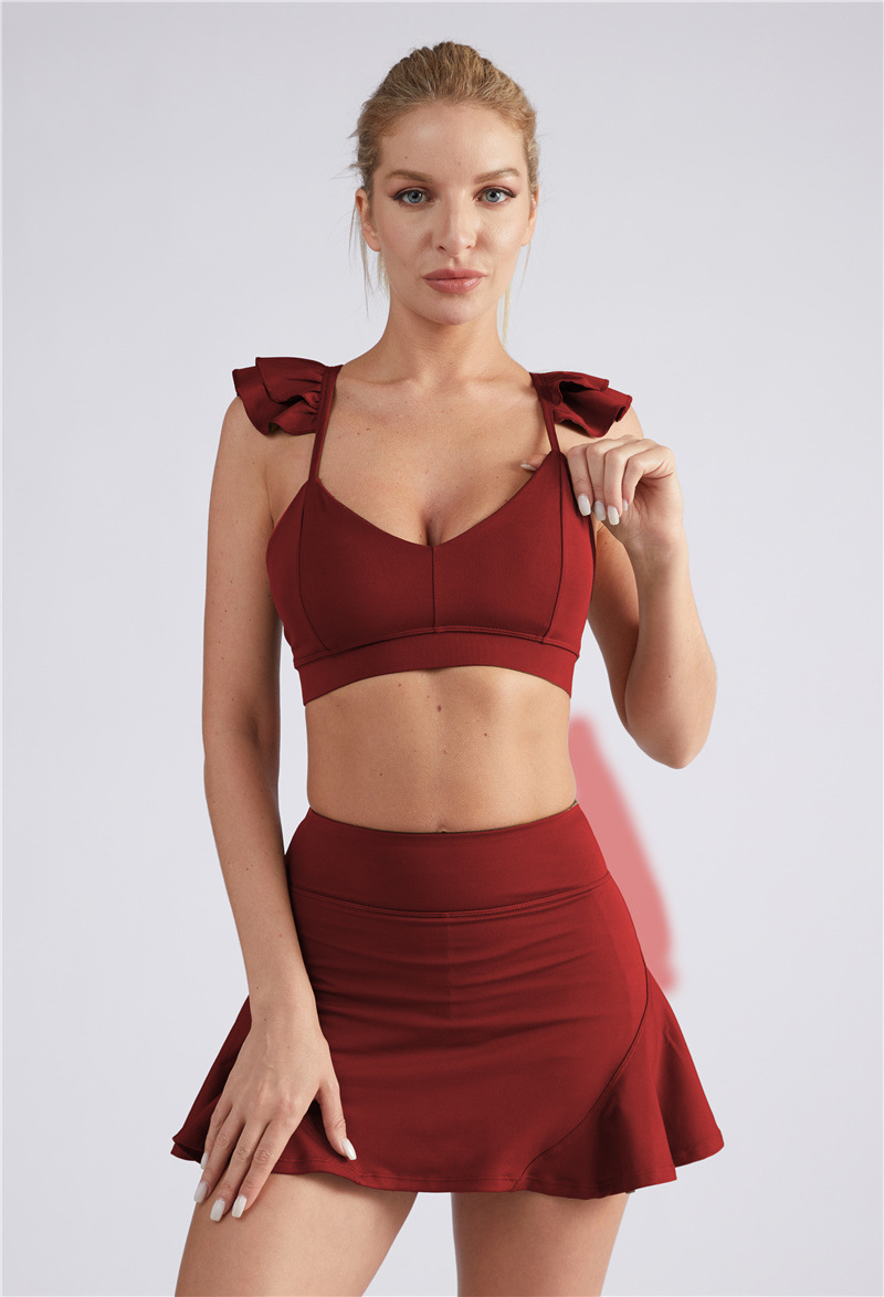 sling ruffle wrap chest backless high waist solid color vest and skirt yoga set NSMXS127082