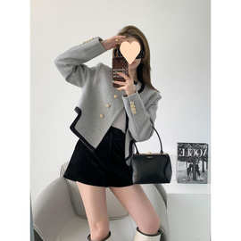 灰色不规则小香风外套女2024春季新款法式高级感短款毛呢西装上衣