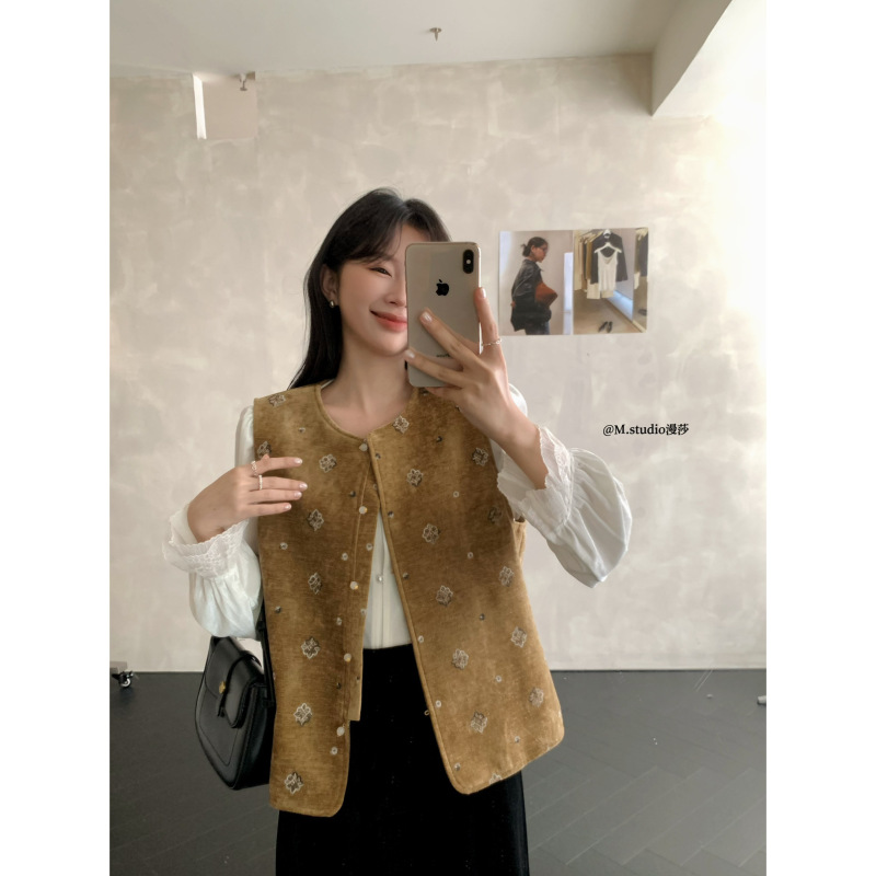 MSTUDIO漫莎-半盏山茶新中式国风撞色刺绣微闪丝绒马甲马甲c6137|undefined