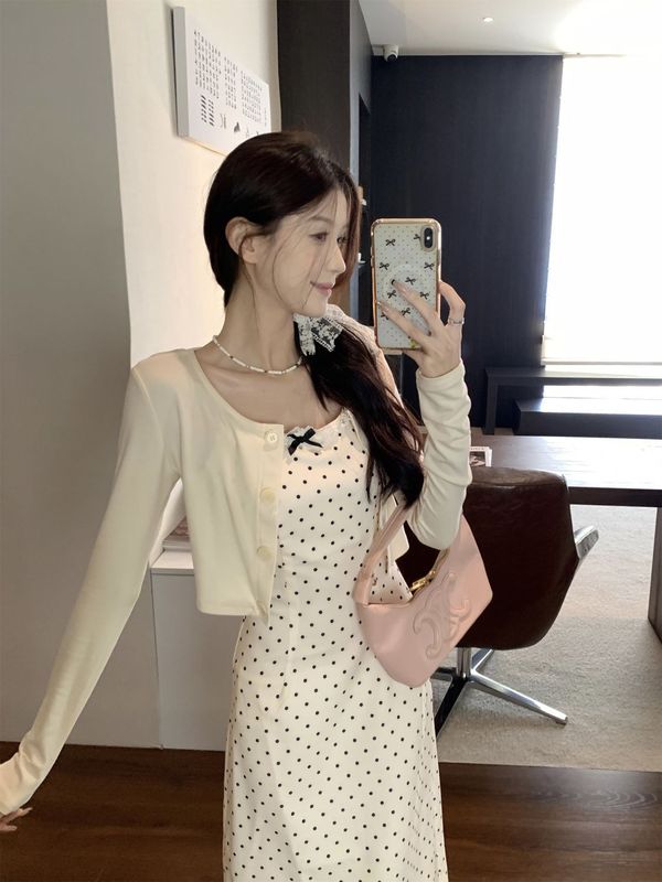 韓国水玉サスペンダーリボンドレスレディース夏新作優しい気質小柄ミドル丈Aラインスカート|undefined