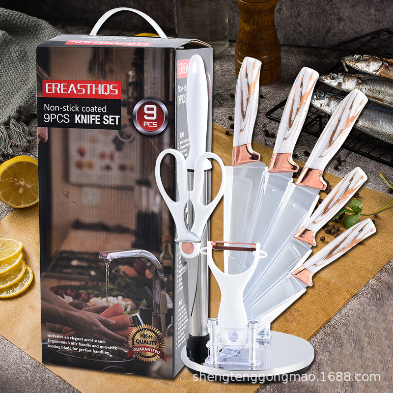 Juego de cuchillos domésticos de cocina con cabezal de galvanoplastia simple y doble de acero inoxidable al por mayor de oro rosa transfronterizo