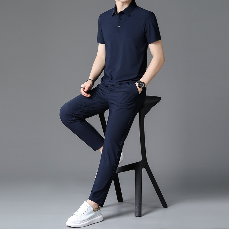 100% Mulberry Silk Business Casual Short-sleeved suit Men's Traceless T-shirt Polo Shirt Two-piece Set for Middle-aged Dad