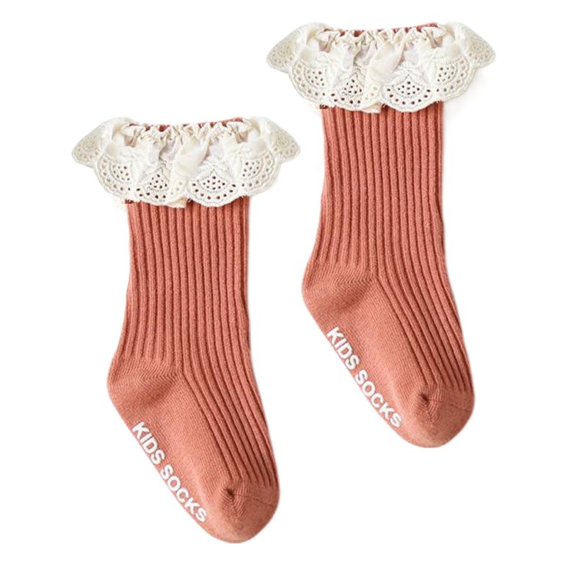 Calcetines para niños Primavera y otoño nuevos calcetines de media pantorrilla de encaje de color puro para niñas calcetines para bebés sin hueso Calcetines antideslizantes para bebés