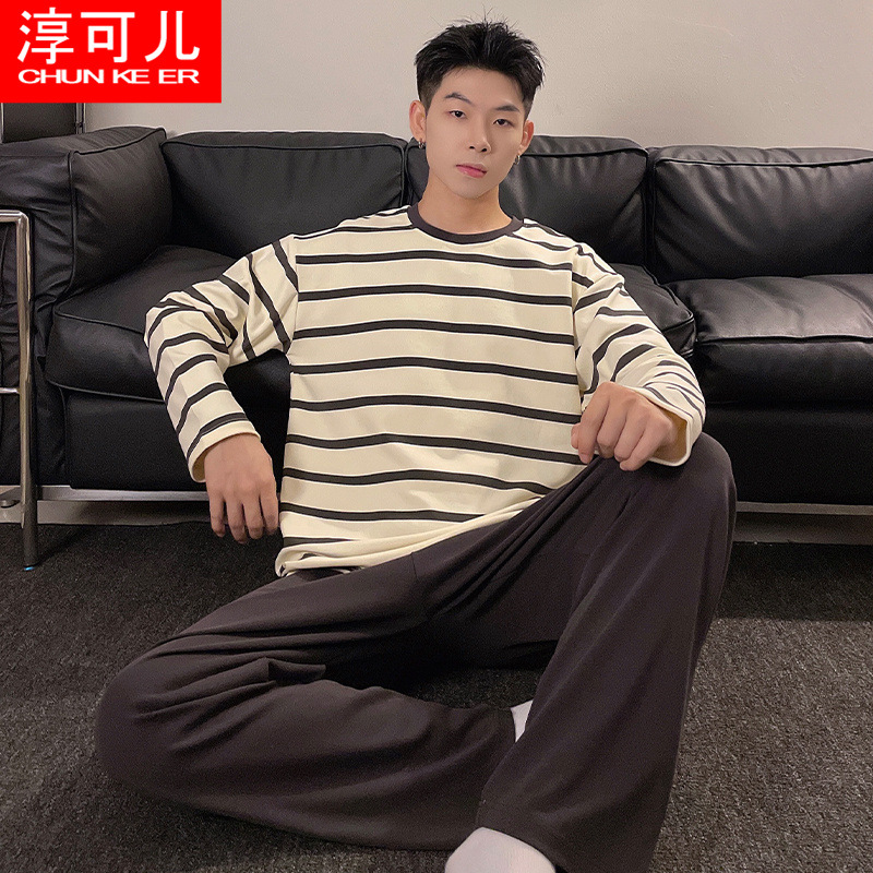 Chunke pijamas para hombre con cuello redondo, traje de primavera y otoño, servicio a domicilio informal, pijamas para hombre, traje de otoño para uso exterior