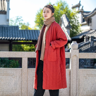 25 Winter New Cotton and Linen Women's Clothing Retro Linen Sand Washed Pressed Strips Chinese Style Disc Buckle Mid-Length Cotton Coat Chinese Style Stand Collar Cotton Jacket