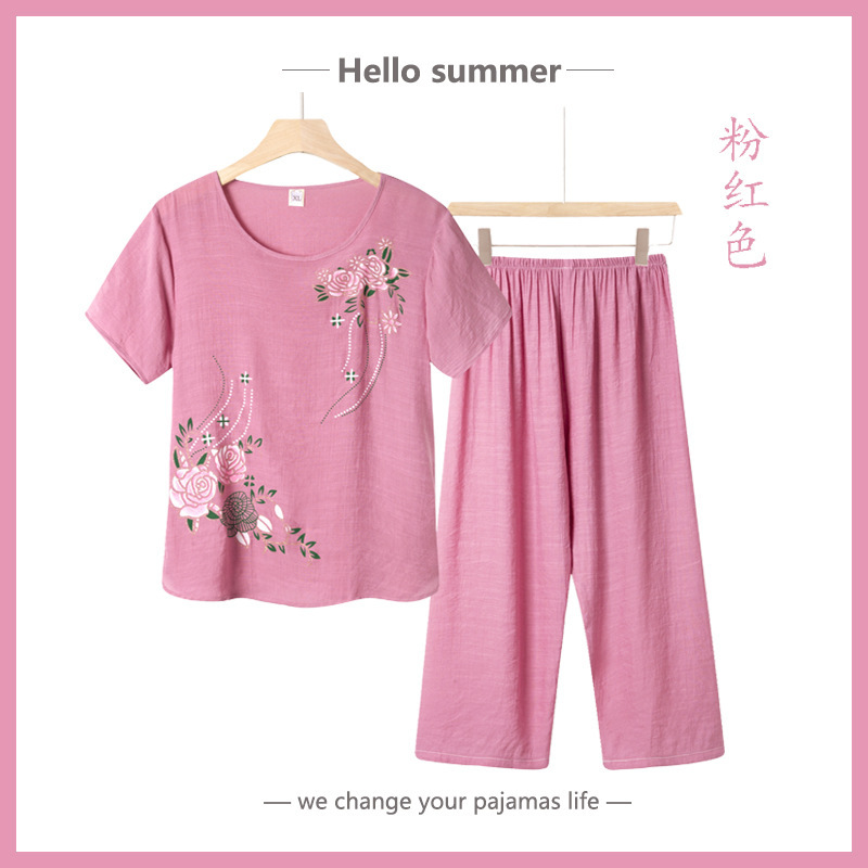Middle-Aged and Elderly Mother's Pajamas Summer Short-Sleeved Breathable T-Shirt Set Spring & Fall Large Size Cotton and Linen Printed Home Clothes
