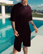 2022跨境亞馬遜新款男裝歐美時尚光彩3D印花寬松休閑短袖運動套裝