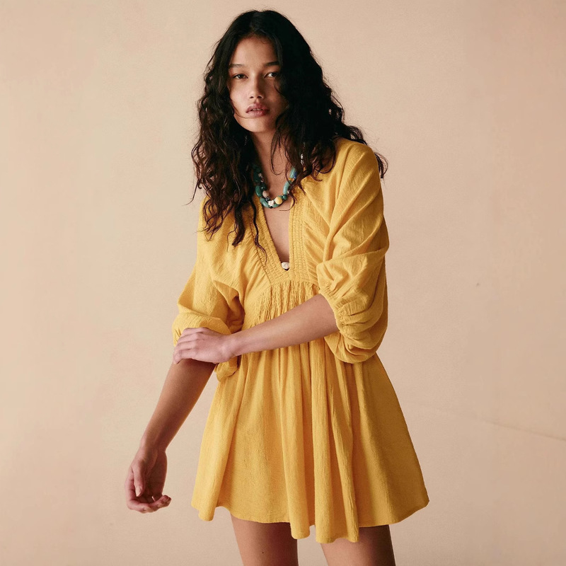 European and American Cross-border Summer New Solid Color Fashionable Long-sleeved Short Dress Sexy V-neck High Waist Casual All-match dress Women