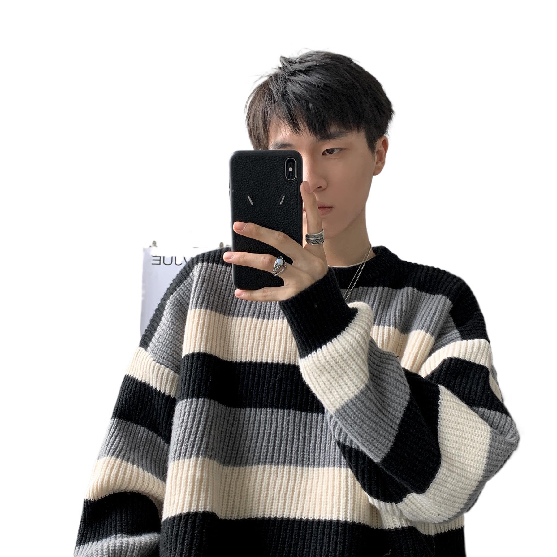 Color a juego de cuello redondo suéter hombres Otoño e Invierno nuevos hombres engrosados sueltos horizontales rayas grueso suéter perezoso abrigo