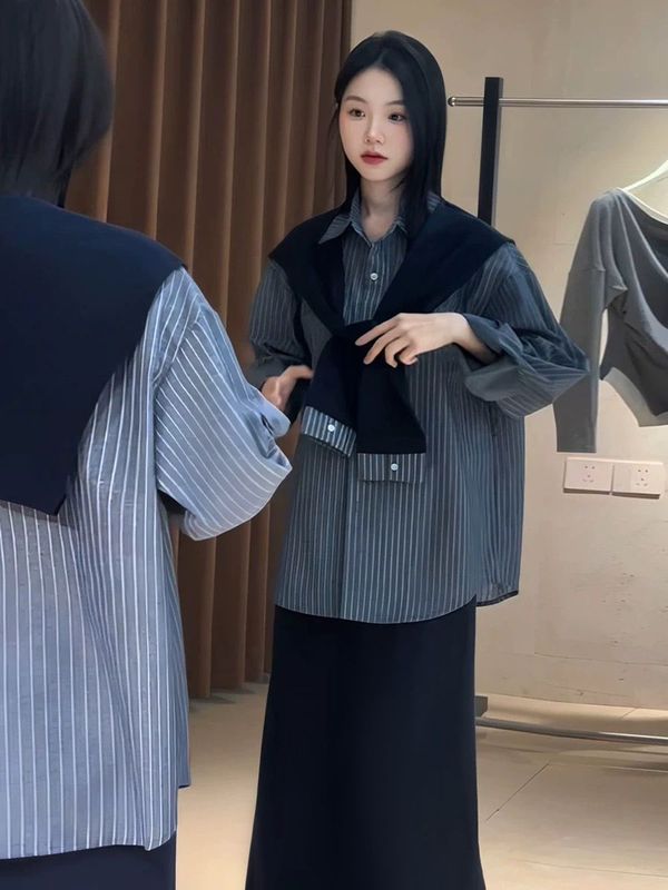 大码胖MM轻奢韩系简约春秋季时尚显瘦套装女披肩衬衫半身裙三件套|undefined