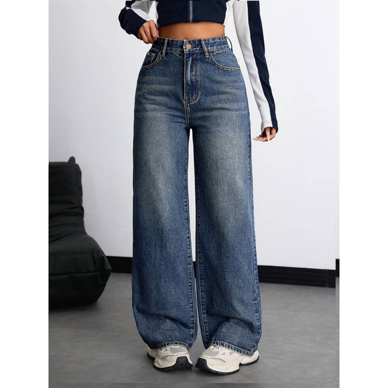 European and American Cross-Border Trade New Vintage American-Style Loose Wide-Leg Washed Versatile High-Waisted Jeans Long Pants