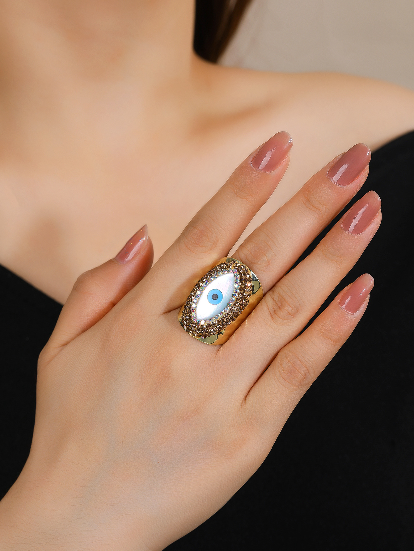 Ig Style Devil's Eye Ferroalloy Plating Inlay Rhinestones Shell 14k Gold Plated Women's Open Rings display picture 4