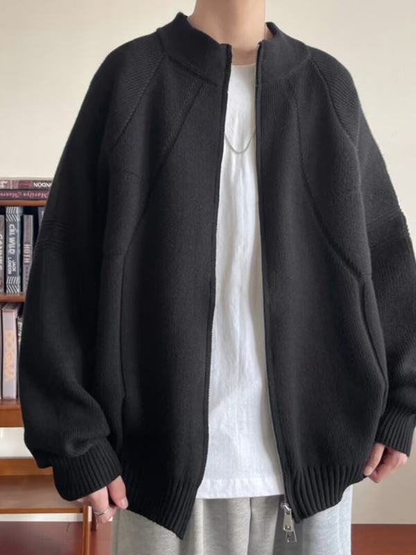 秋冬季新款慵懒风简约百搭纯色拉链男士休闲宽松毛衣针织立领开衫|undefined