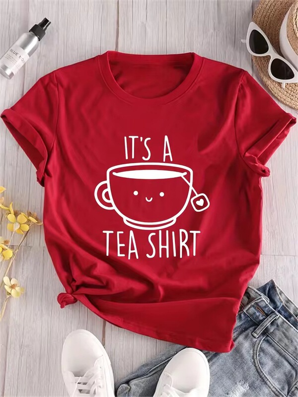 【Cross-Border European Size】Women's Casual Crew Neck T-Shirt Fashion T-Shirt "This Is a Tea Shirt" Letter Card 【Cross-Border European Size】Women's Casual Crew Neck T-Shirt Fashion T-Shirt "This Is a Tea Shirt" Letter Card