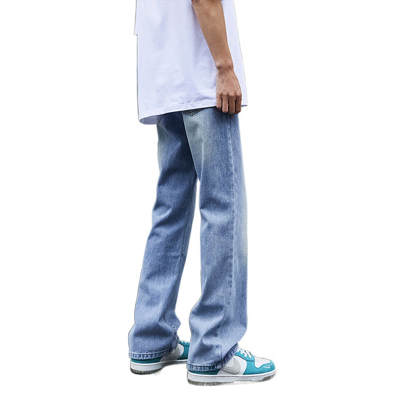 Jeans azules lavados con agua, pantalones de boquilla de tendencia de piernas anchas para hombres, pantalones de primavera nuevos pantalones de calle americana