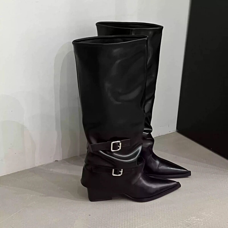 Pointed Toe Buckle Pleated Pile Boots for Women 2025 Autumn and Winter New Skirt Punk Knight Street Hot Girl Boots