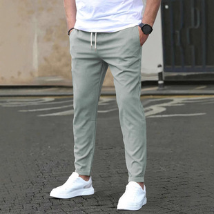 Autumn 2024 New Casual Slim Fit Leather Standard Cropped Pants Solid Color Casual Pocket Pants