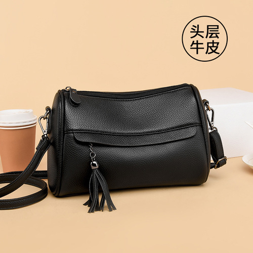 源头厂家头层牛皮包包女新款百搭真皮枕头包中年时尚单肩包斜挎包
