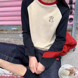 带胸垫！秋冬新款哺乳拼色长袖纯棉恤产后月子期喂奶打底上衣