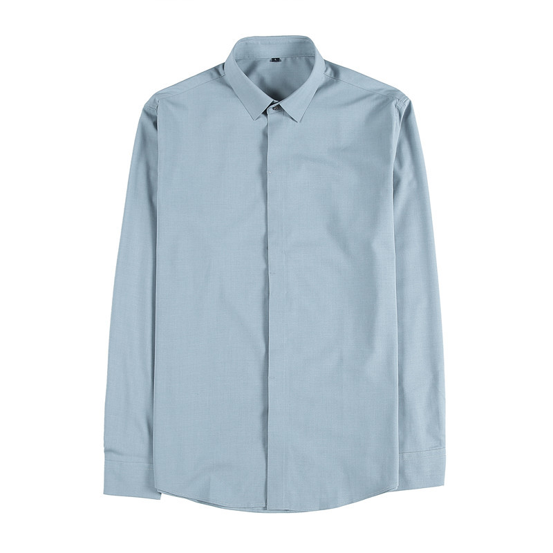 Botón oculto camisa de manga larga de los hombres de negocios casual moda guapo de gama alta de los hombres no planchar camisa delgada adhesivo transparente Luz de lujo azul