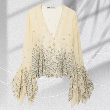 跨境亚马逊2025夏季新品欧美女装街头时尚宽松V领印花喇叭袖衬衫