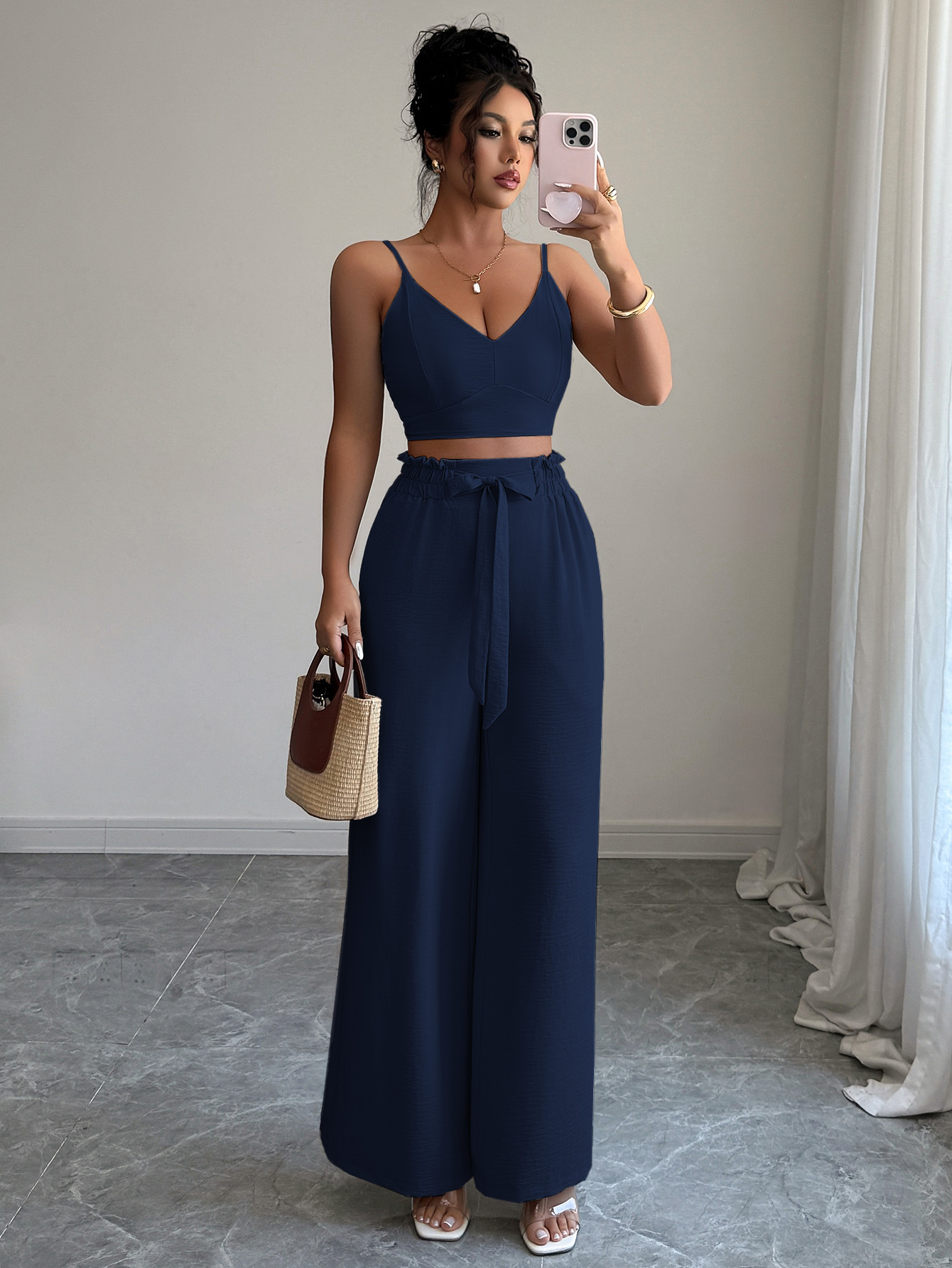 364g Weight Sleeveless Sleeve Length Polyester Fabric Type Pant Co-ord Set Sets Type 2 Pieces Set Quantity Casual, Daily Occasion Strap Neckline Slim, Loose Fit Type Solid Color Pattern Summer Season Women's Gender Casual, Sexy Style Casual Daily Women's Casual Sexy Solid Color Polyester Pant Co-ord Set Pants Sets 19