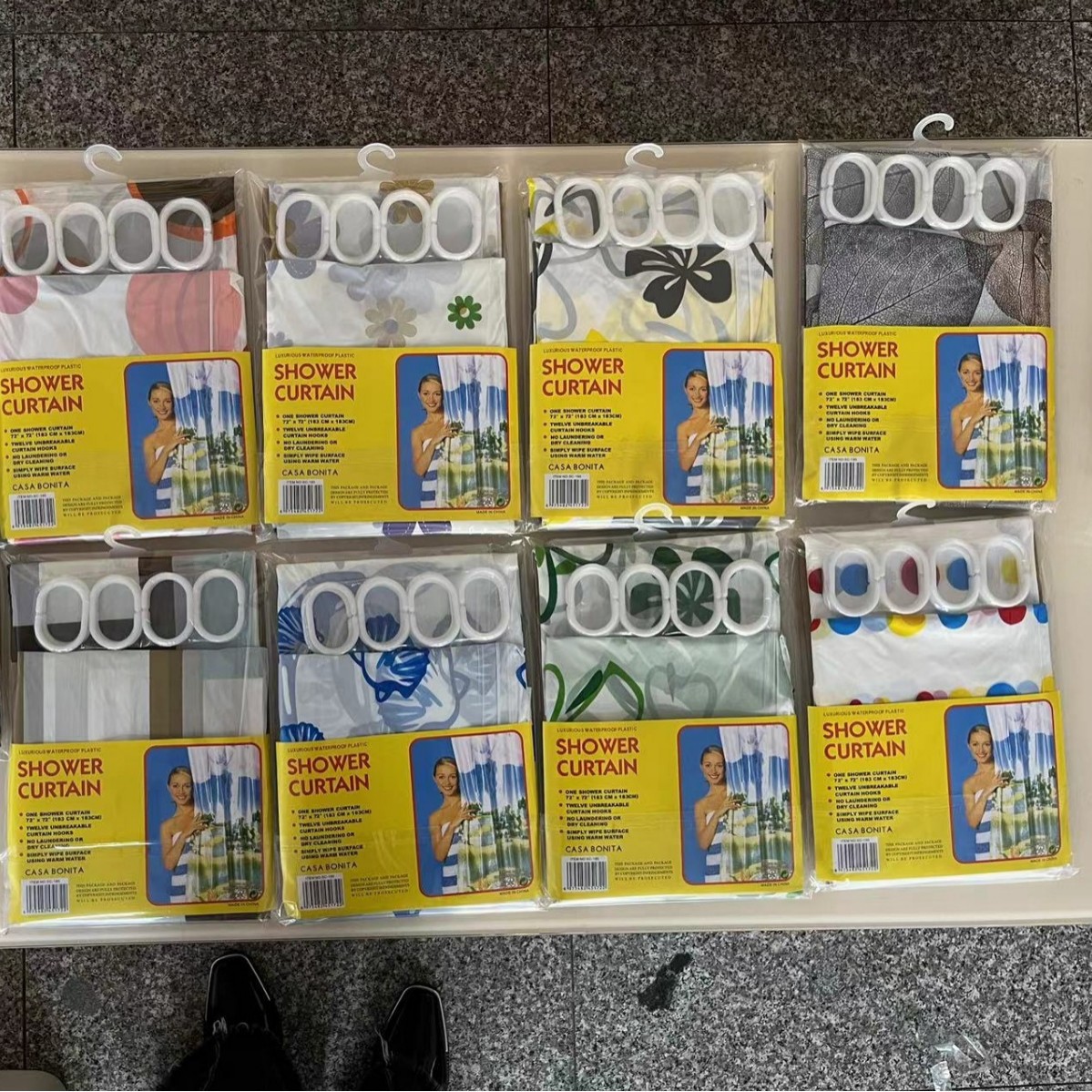 P todos los días al por mayor cortina de ducha impresa de peva, cortina conveniente desechable, cortina de partición impermeable, 12 anillos de cortina de ducha gratis