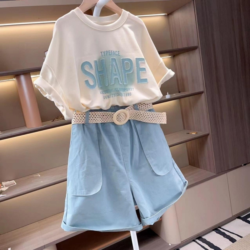 2025夏款女童工装短裤新款儿童夏款米杏色爱心短袖衬衫大童套装潮|undefined