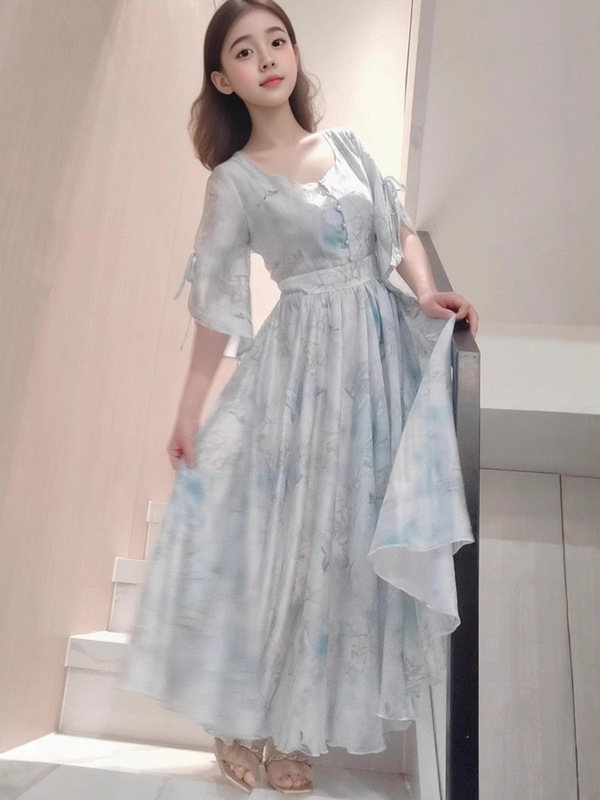 2025 春夏の新女性のカラフルなロングスカートプリントシフォンドレス超ロングスカート休暇ビーチスカート|undefined