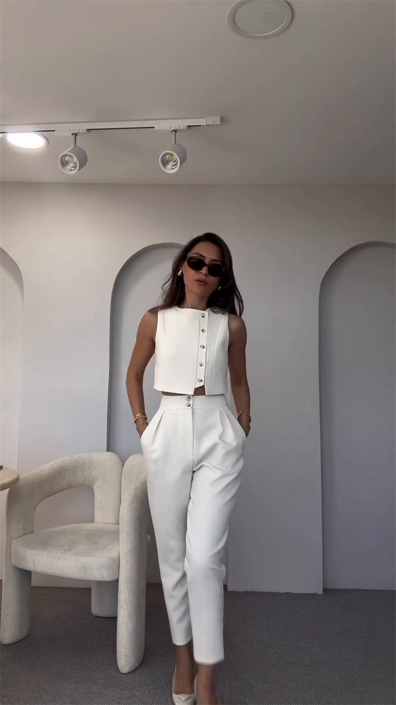 Sleeveless Sleeve Length Holiday Daily Women's Casual Streetwear Solid Color Spandex Polyester Button Pant Co-ord Set Pants Sets