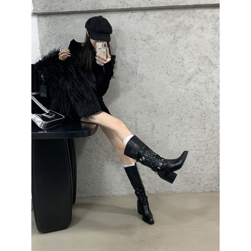 复古棕色粗跟高筒靴骑士靴复古小众皮带扣长靴秋夏法式女靴西部靴|undefined