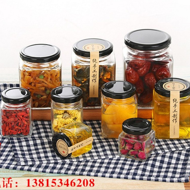 六棱蜂蜜瓶家用厨房储物罐透明玻璃罐头瓶现货500g酱菜瓶