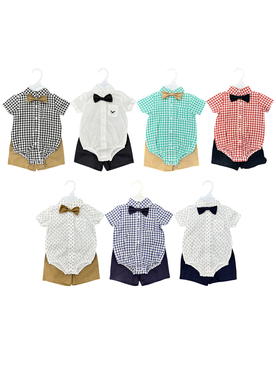 Comercio exterior transfronterizo bebé bebé pajarita manga corta traje de tres piezas pequeño caballero camisa a cuadros ropa para recién nacidos image 1