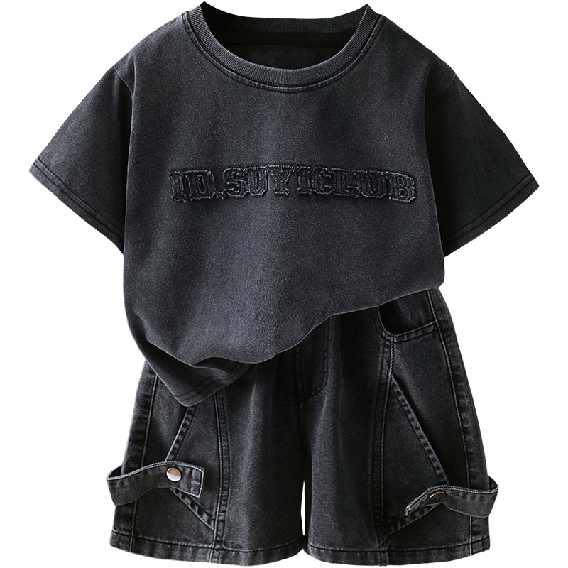 7401 Traje negro para niños 2025 nueva ropa de verano de manga corta para niños y niños de moda, estilo occidental, verano de dos piezas