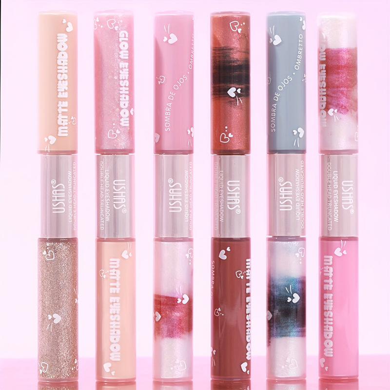 USHAS Sombra de ojos de doble cabeza de punto transfronterizo europeo y americano, brillo fino, sombra de ojos líquida impermeable de gusano de seda de alto brillo LG2591