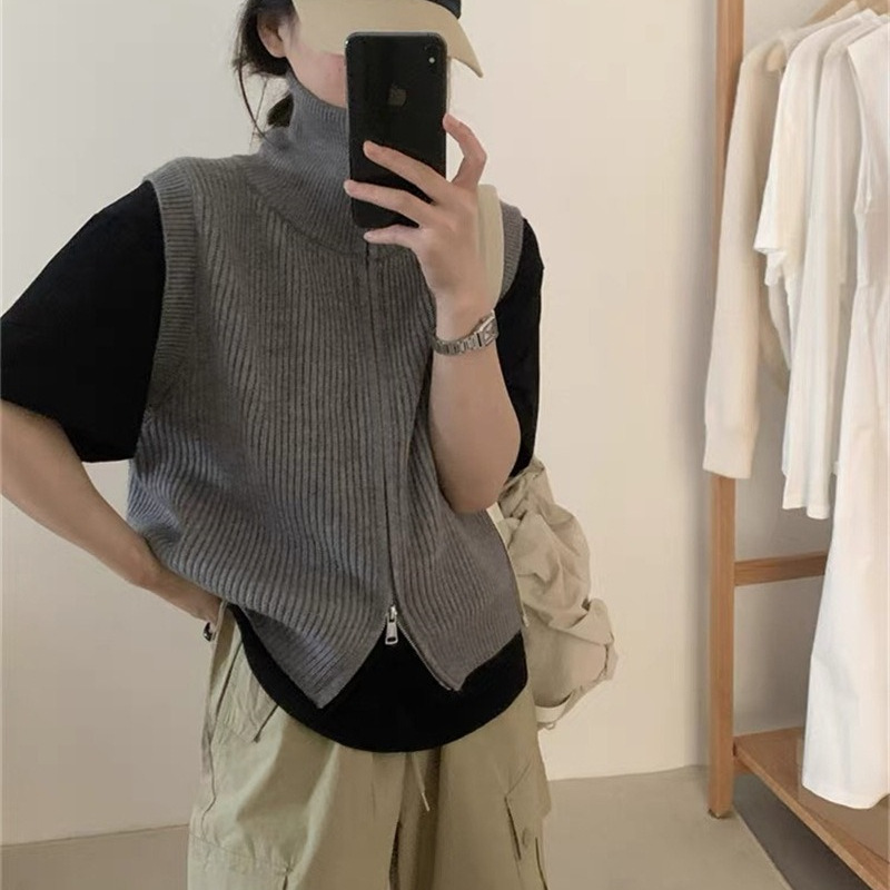 2026 Spring and Autumn Simple Style Stand Collar Double Zipper Knitted Vest Slim Fit Versatile Base Layer Vest Top