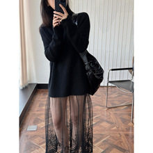 卢浮春季新款法式复古气质蕾丝网纱羊毛针织连衣裙轻盈飘逸长裙女