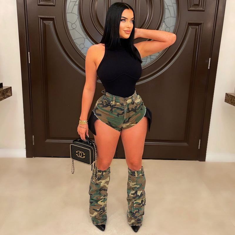 Cross-border E-commerce European and American Women's Clothing Ins Sexy Women Camouflage Summer Hot Pants Leg Set Three-piece Camouflage Shorts