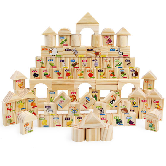 100 Wooden Fruit Animal Building Blocks Digital Chinese Character Building Blocks Children's Educational Early Education Cognitive Assembled Toys