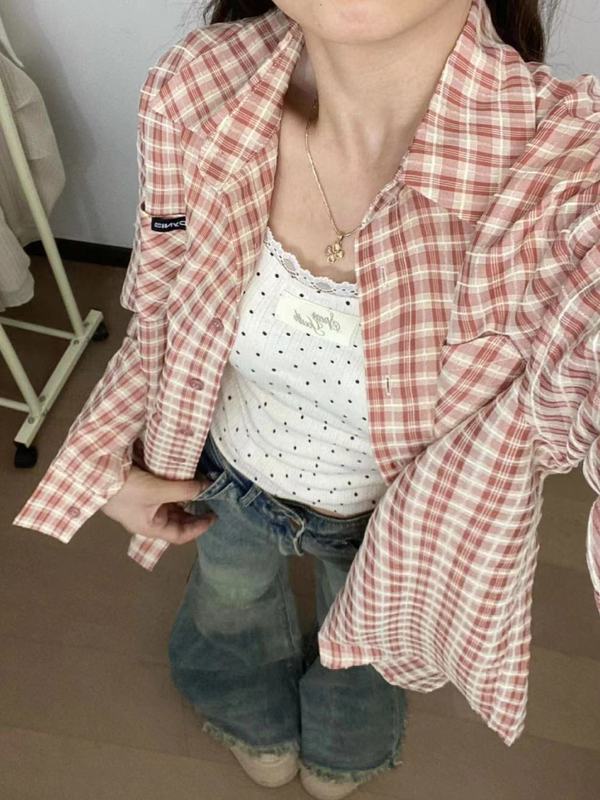 森系橘色格纹衬衫女叠穿年轻ins宽松遮肉显瘦长袖衬衣外搭开衫潮|undefined