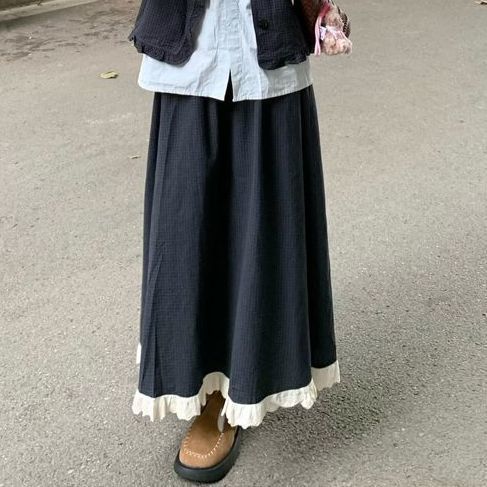 大码女装2025秋季边百搭衬衫+荷叶边格子马甲+半身裙时尚套装|undefined