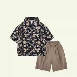 儿童衬衣男炸街夏薄款时尚休闲短袖翻领男童花衬衫潮度假港风