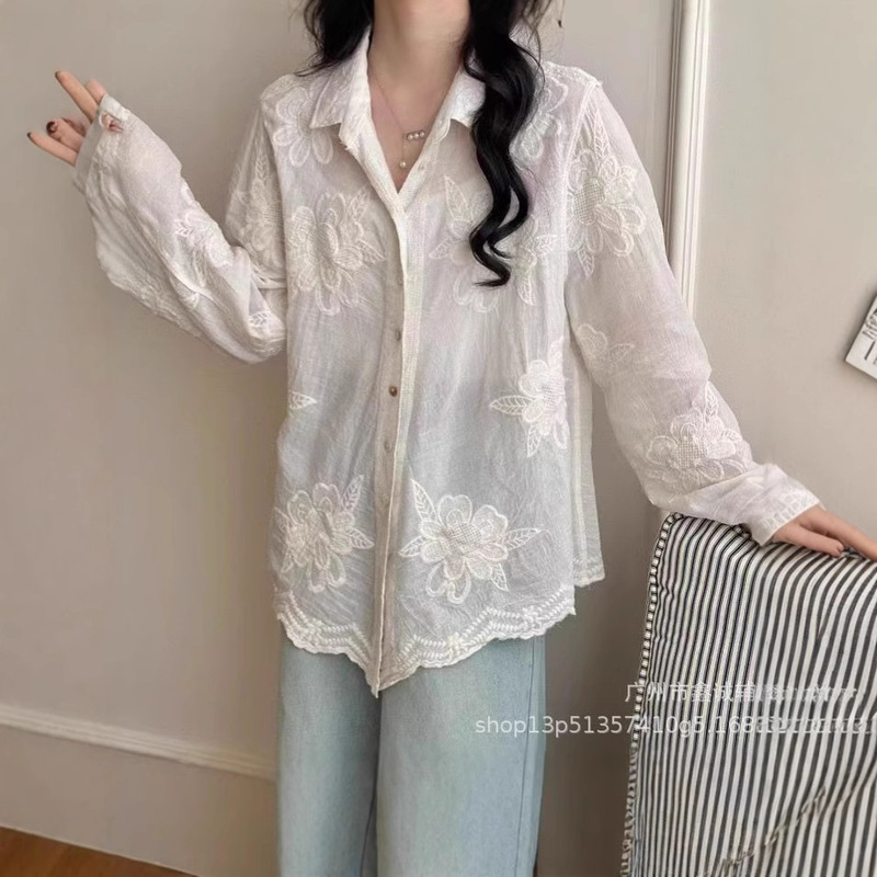 French Romantic Shirt Hollow Lace Stitching Shirt Women's Summer New Lapel Top Embroidered Embroidered Shirt Trendy