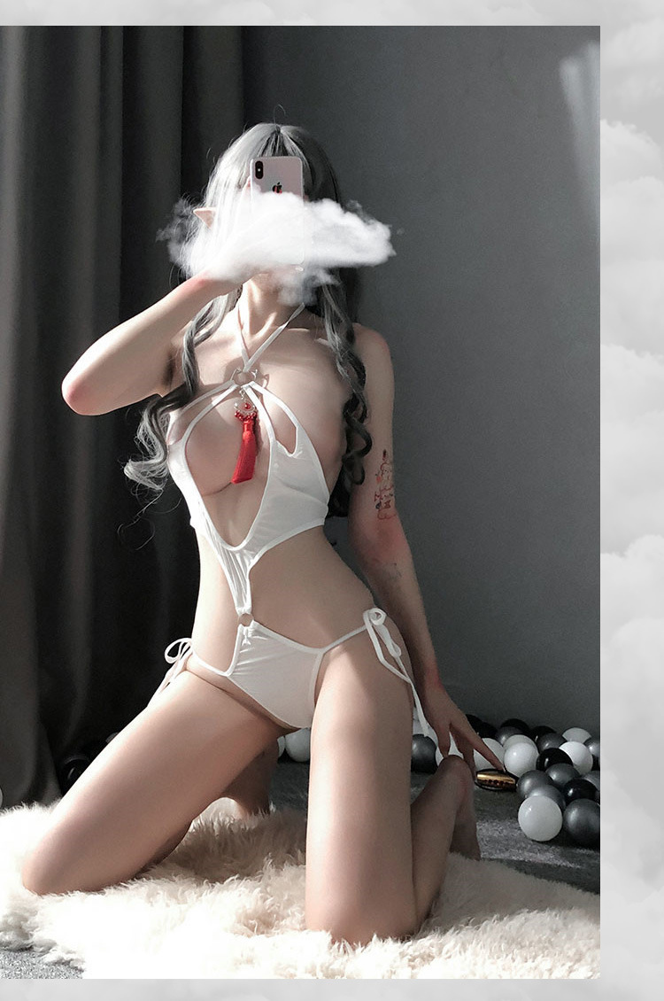 Backless Cross-Strap Lingerie Jumpsuit, Open-Bust Design, White One Size — detail image 18