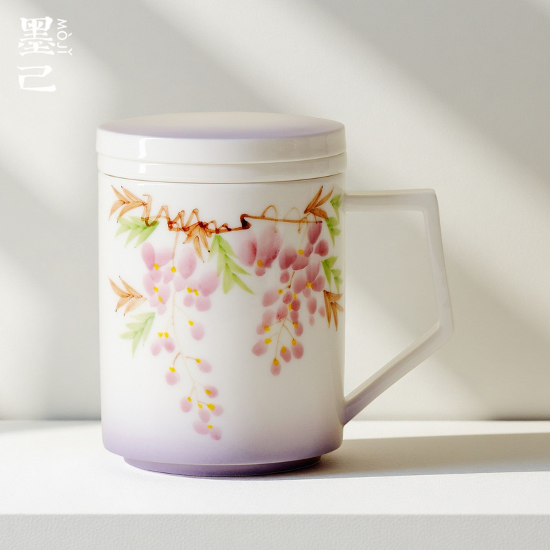 墨己陶瓷水杯过滤泡茶杯家用办公室手绘紫藤白瓷马克杯茶水分离杯|undefined
