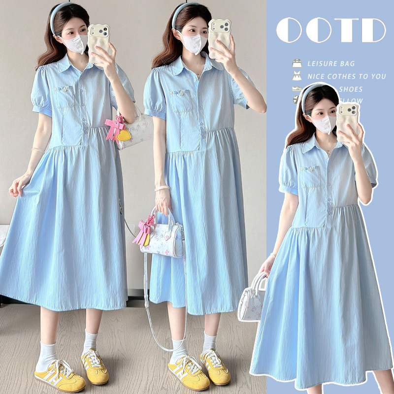 2026 New Summer Blue Striped Long Dress with Asymmetrical Waistline Design, Sweet Shirt Dress, Maternity Long Dress