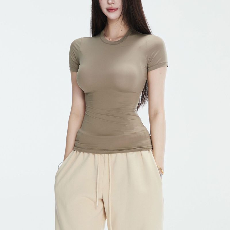 半袖春夏スリムフィット伸縮性右肩タイトピンクTシャツ半袖トップス女性用|undefined