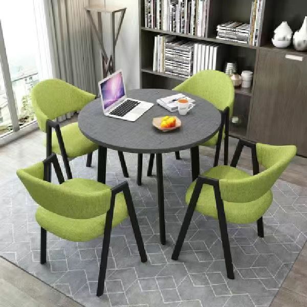 새로운 회색 원형 테이블 + 녹색 천 의자